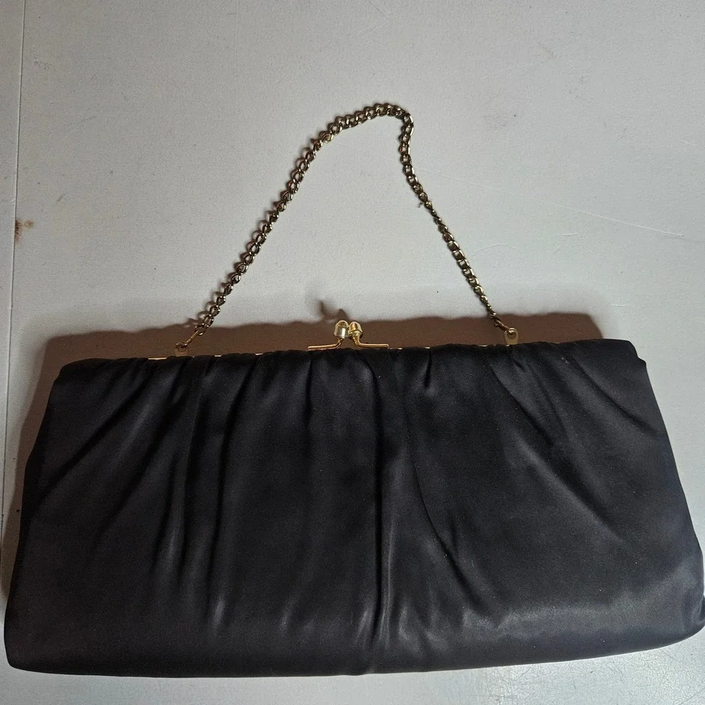 Vintage HL USA Black Satin Ruched Clutch Evening Bag Gold Chain Kiss Lock USA